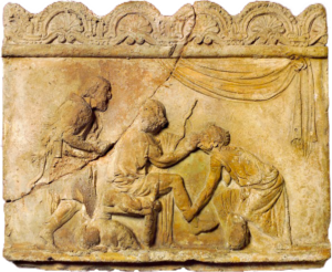 une iconographie représentant la scène d'Euryclée reconnaissant la cicatrice de son maître